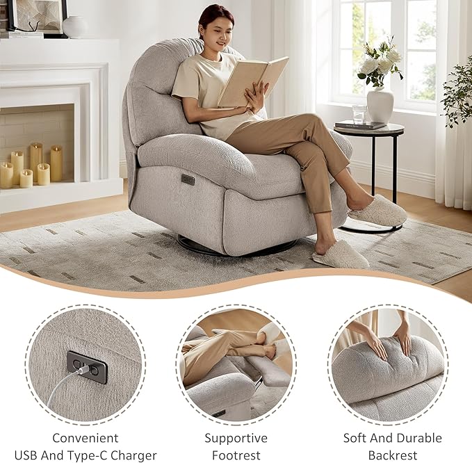 VANOMi Power Recliner Chair with USB & Type-C Charging, 270° Swivel Glider Rocker, Electric Nursery Recliner for Living Room, Bedroom, and Office, Light Gray