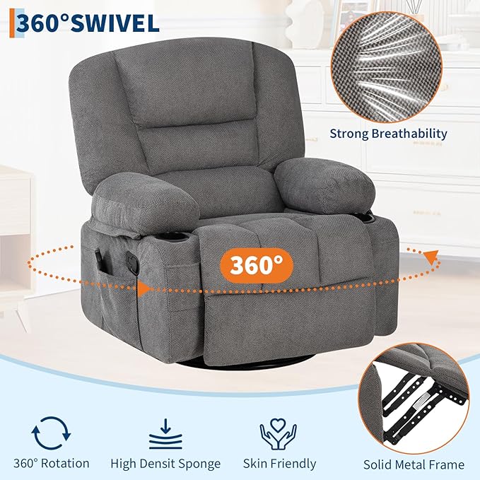 Rocker Recliner Chairs for Adults w/Vibration Massage and Heating,360° Swivel Rocker Glider Recliner,Extra Wide Manual Lazy Chair,Chenille Fabric Sofa Chair for Living Room,Bedroom Grey