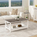 UYIHOME Farmhouse Coffee Table, White Oak Coffee Table for Living Room, 2-Tier Rectangular Wooden Centre Cocktail Table with Slats Shelf Storage and V-Shaped Frame Modern Coffee Oak Grey