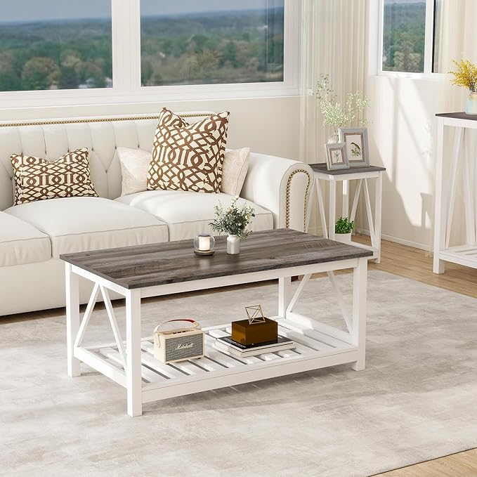UYIHOME Farmhouse Coffee Table, White Oak Coffee Table for Living Room, 2-Tier Rectangular Wooden Centre Cocktail Table with Slats Shelf Storage and V-Shaped Frame Modern Coffee Oak Grey