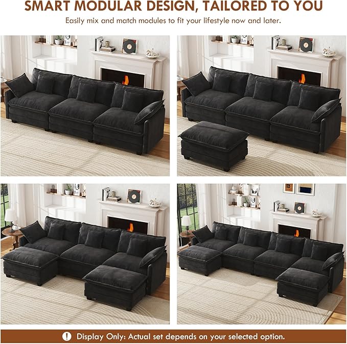 WorthFurni 111.4” Cloud Couch Modular Sectional Sofa with Ottoman, Comfy Modern 3-Seater Couches with Pillows & Upholstered Deep Seat Cushion for Apartment Living Room Bedroom (Black)