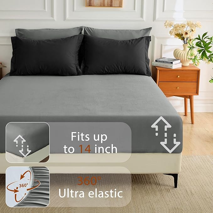 MUXHOMO 7 Pieces King Comforter Set, Soft Bed in a Bag King Size, All Season Bedding Set with Comforter, Flat Sheet, Fitted Sheet, Pillowcases & Shams, Black & Grey