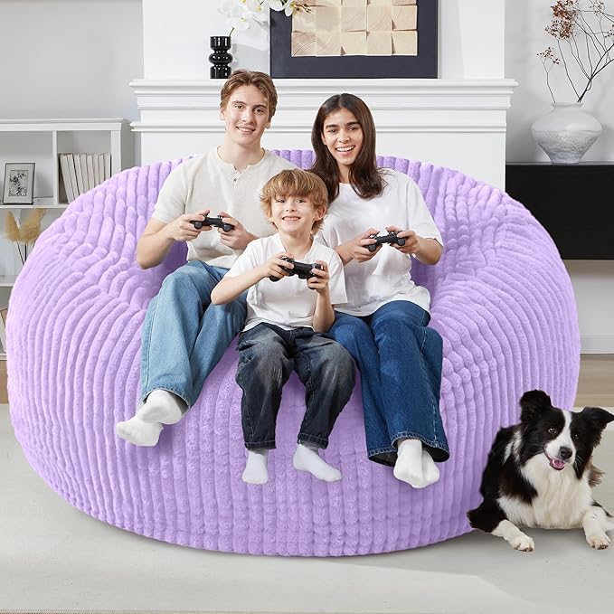 Homguava 6 FT Bean Bag Chair,6' Big Bean Bag,Giant Bean Bag Chairs for Adults with Memory Foam Filled,Comfy Large Beanbag Chairs Soft Bean Bag Sofa with Dutch Corded Plush Cover-Purple