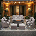 HUMMUH 10 Pieces Outdoor Furniture Set with Fire Pit 6-inch Cushions High Back Patio Furniture Set Wicker Swivel Rocker Chairs Sofa for Porch,Deck,Backyard