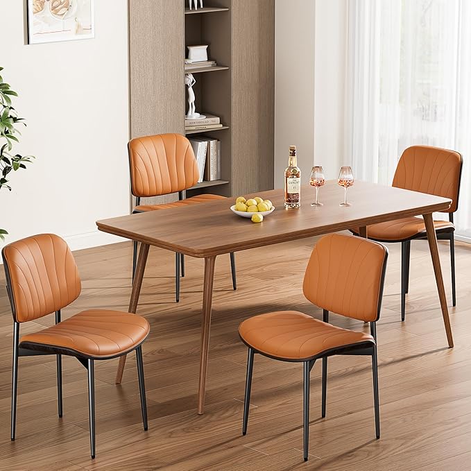 Dining Chairs Set of 4, Mid-Century Modern Upholstered PU Leather Chairs with Walnut Back and Metal Legs Adjustable Feet for Kitchen Dining Room, Orange Shell Strips