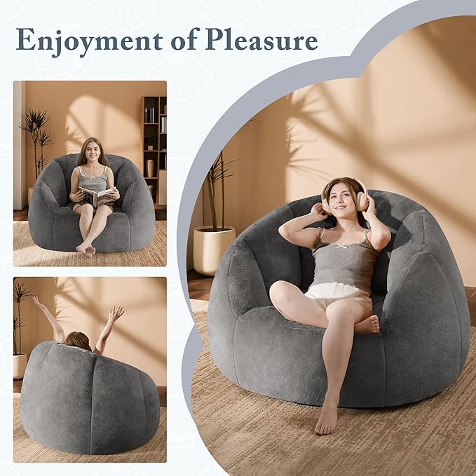 Swivel Giant Bean Bag Chair for Adults with Ottoman - Comfy Plush Round Shell Soft Accent Chaise Lounge Indoor Reading Chair, Oversized Cozy Floor Sofa for Living Room, Bedroom Dorm, Gray