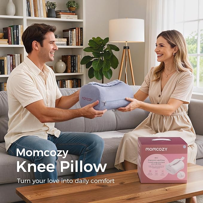 Momcozy Knee Pillow for Side Sleepers, Soft Memory Foam & Pinch-Free Design, Relieve Knee, Leg and Sciatica Pain, Adjustable Elastic Strap Ideal for Pregnant Women and Seniors, Crystal Velvet in Gray