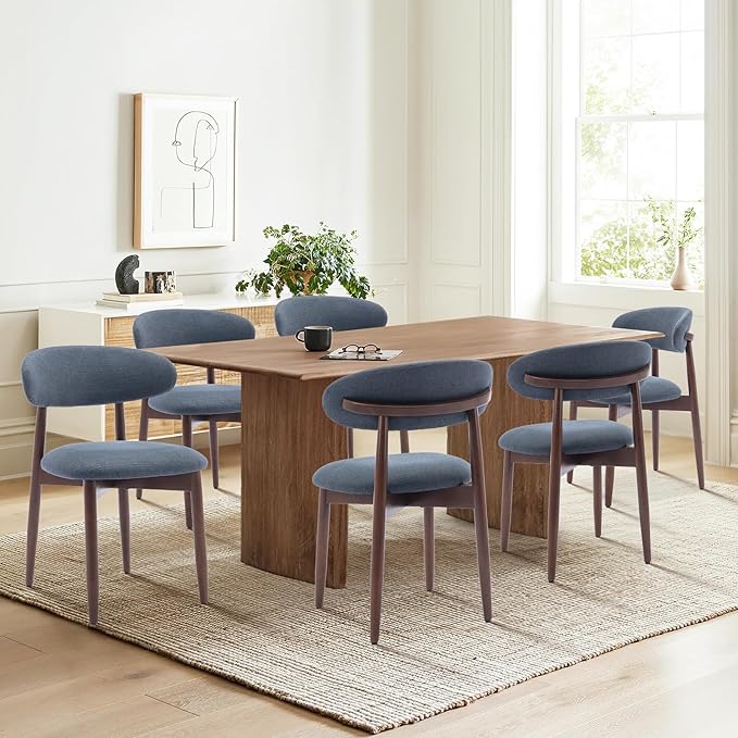 COLAMY Wooden Dining Chairs Set of 6, Modern Fabric Upholstered Dining Room Chair, Farmhouse Kitchen Chairs with Foot Pegs, Blue