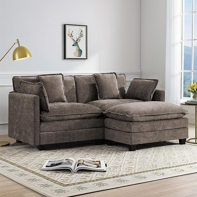UMBFUN Cloud Couch Loveseat with Ottoman, Oversized Comfy Modular Sectional L Shaped Sofa with Deep Seat Cushions, Chenille 2-Seater Lounge Set for Living Room, Brown
