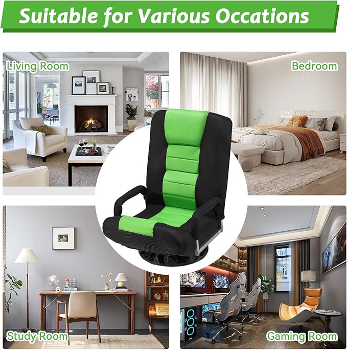 360° Swivel Chair 6 Adjustable Positions Backrest with Armrest Foldable Floor Chairs Suitable for Reading, Relaxing, Mediation,Green