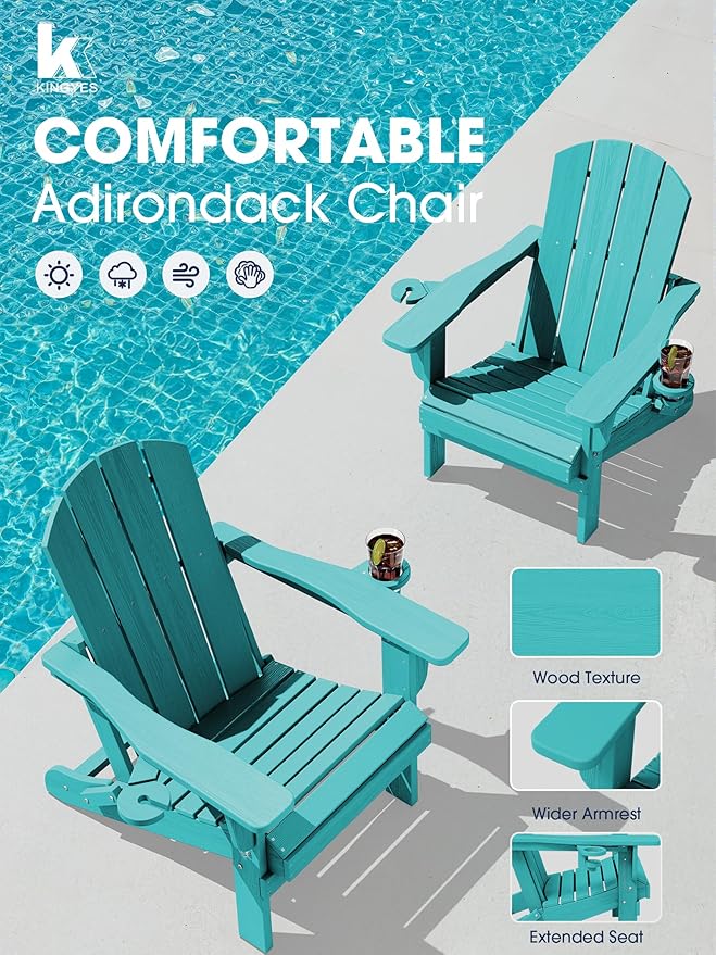 KINGYES Folding Adirondack Chair Set of 2, Dual Cup Holders & All-Weather HDPE, Wood-Like Patio Chair for Backyard, Camping, Pool & Fire Pit, Aruba