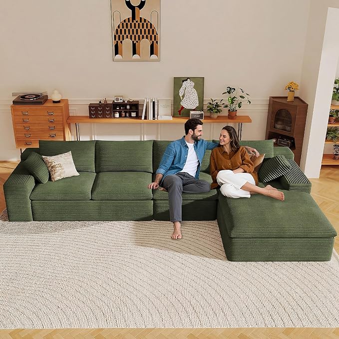 136" Cloud Sectional Couch with L-Shape Chaise, Modern Corduroy Viral Boneless Sofa for Living Room,Memory Foam Couches in a Box with Deep Seat,No Assembly Required (Green,Right-Facing Chaise)