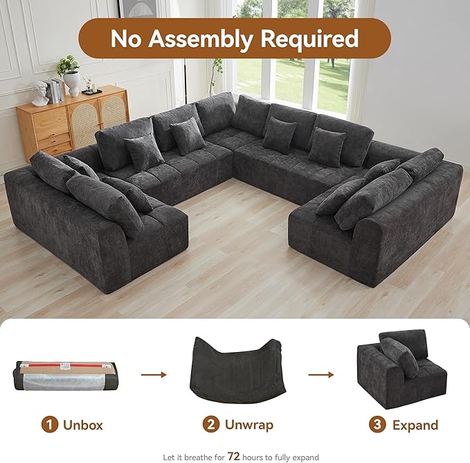 140'' Boneless Modular Couches for Living Room, Compressed Cloud Sectional Modern Sofa, U Shaped 9 Seater Upholstered Memory Foam Oversized Sofa, No Assembly, Chenille Beige
