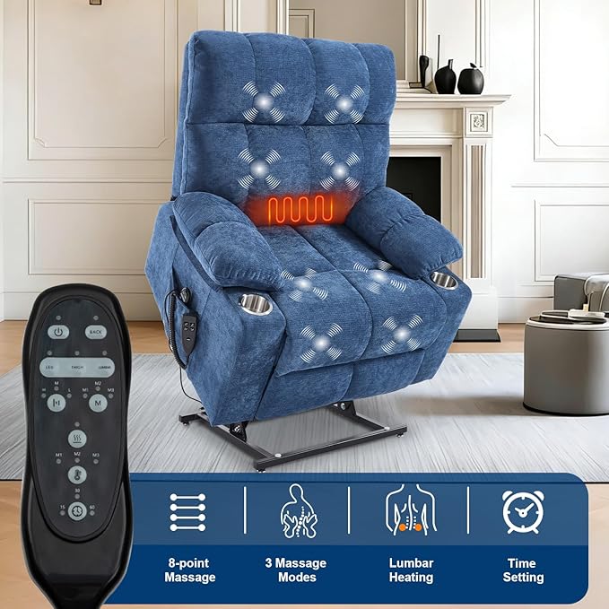 Oversized Recliner Electric Lift Chair, Power Lift Recliner for Big and Tall, 180° Lay-Flat and Assisted Standing, Extra Large Sofa with 8-Point Massage & Heating, Medium-Soft, Blue