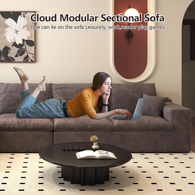 136.6'' U-Shaped Modern Modular Sectional Cloud Couch Whit Ottoman, 4-Seat Chenille Deep-Seat Sofa with Pillow for Living Room, Bedroom, Apartment, Camel