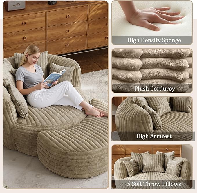 50" W Oversized Round Chaise Lounge Chair with Ottoman Indoor Boneless Plush Fluffy Corduroy Circle Couch Soft Comfy Cozy Cloud Reading Chair for Living Room, Playroom, Bedroom - Camel