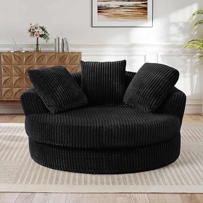 61"W Oversized Round Chaise Lounge Chair Indoor, Upholstered Corduroy Large Circle Boneless Chair with Deep Seat, No Assembly Required, Modern Comfy Cloud Sofa Chairs for Living Room, Bedroom(Black)