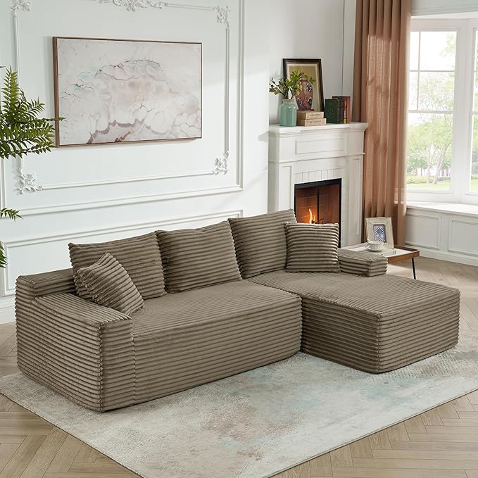 HYJT-H&K Modular Sectional Sofa Cloud Sectional Couch, 95" Comfy Fluffy L Shaped Brown Couches for Living Room, Deep Seat Memory Foam Plush Corduroy Boneless Couch Sectionals Right Facing Chaise Sofa
