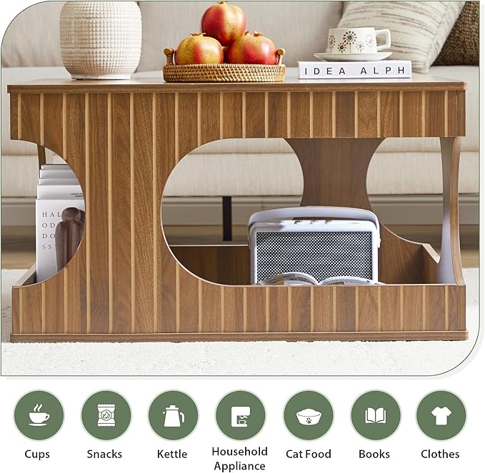 weselon 31.5" Square Coffee Table with Storage, Mid-Century Modern Center Table with Arched Cutouts and Carved Lines, 2-Tier Tea Table for Living Room, Cat-Friendly Base (Walnut)