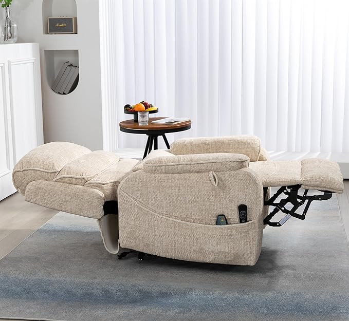 Cream Recliner Chair for Elderly | Tall and Big Man 400lbs | Velvet | Power Lift, Lay Flat, Stand Up, Wireless Charging Device, Extended Footrest, Massage Heat, Cup Holder, Lumbar Pillow
