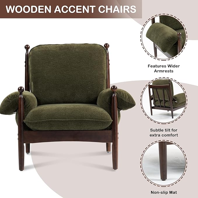 AQO Mid Century Modern Accent Chair and Armchair, Plush Lounge Chair Set of 2 for Living Room, Soft Cushion & Solid Wood Frame, Green