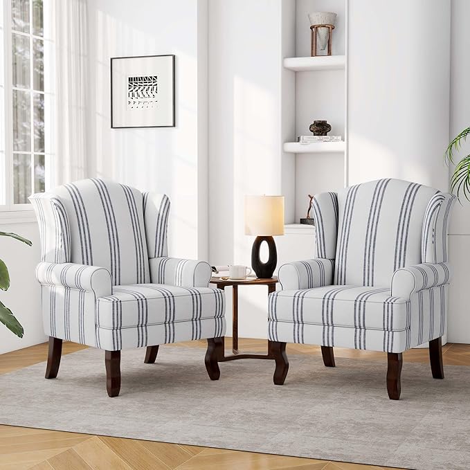 DREAMSIDEA Accent Chair Set of 2, High Back Upholstered Armchair with High Resilience Sponge & Wood Legs, Mid-Century Modern Comfy Single Sofa Reading Chairs for Living Room, Bedroom-Stripe Navy