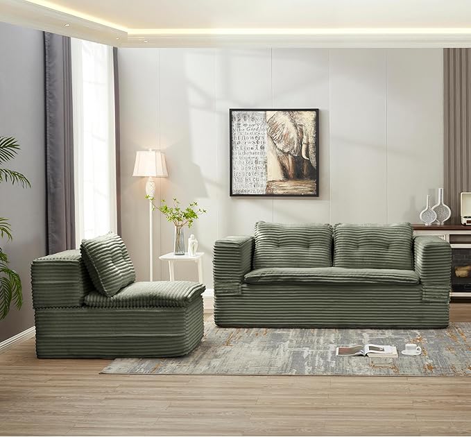 80" Foldable Floor Couch, 3-Seat Convertible Sleeper Sofa with Chaise Lounge, Blanket and 3 Soft Pillows, Corduroy Fabric, for Living Room, Bedroom, Apartment, No Assembly Required, Green