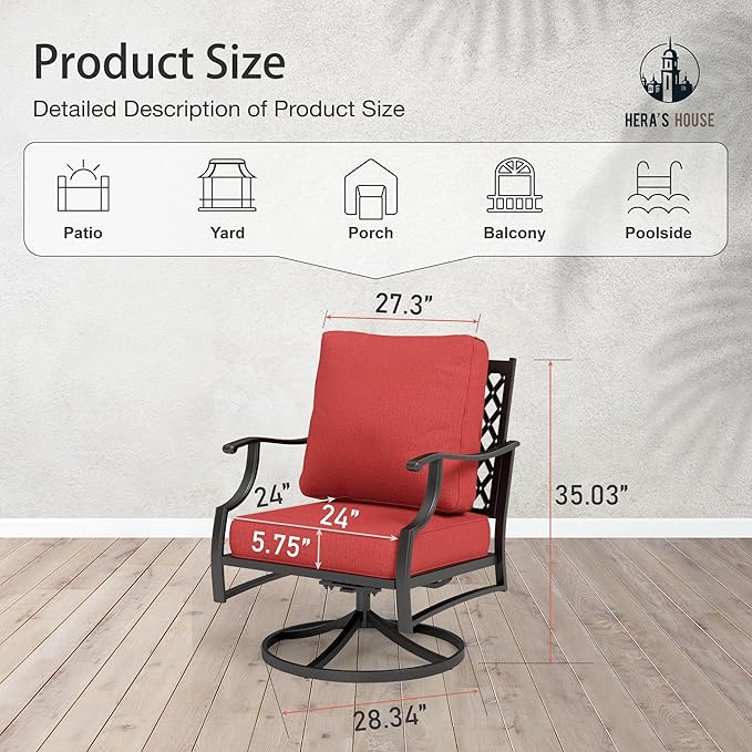 HERA'S HOUSE Outdoor Chairs Set of 2, 2 x Patio Chair with Red Cushions, All Weather Outdoor Furniture for Lawn Garden Backyard Deck(Swivel Chairs)