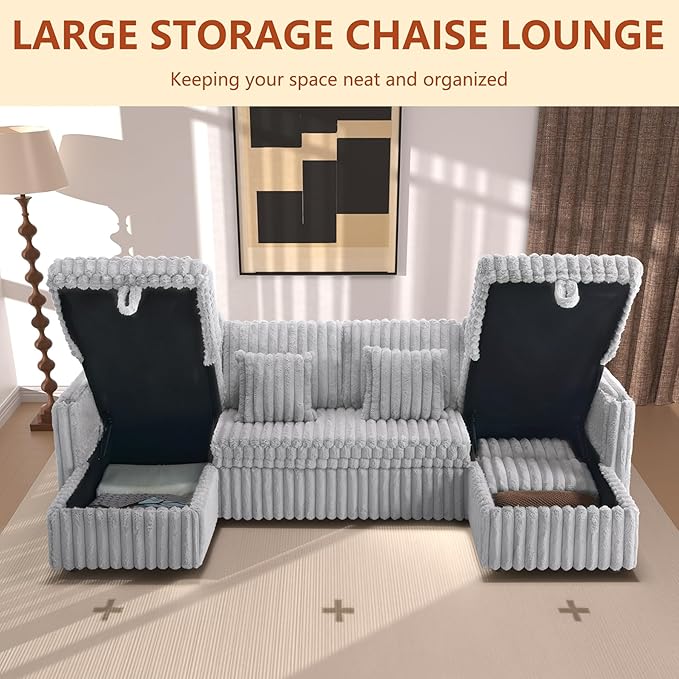 107" Sectional Sleeper Sofa with Pull Out Bed, Comfy Fluffy Plush Corduroy Cloud Sectional Couches for Living Room, U Shaped Modular Couch with Storage Chaise, Cup Holder & USB Charger, Grey