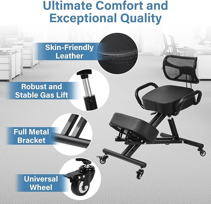 Ergonomic Kneeling Chair Height-Adjustable 32.2-36.2 in Postures Chairs with Lockable Wheels and Armrests Knee Chairs can Hold Up to 220 Lbs Kneeling Ergonomic Chair for Desk Home Meditation,Black