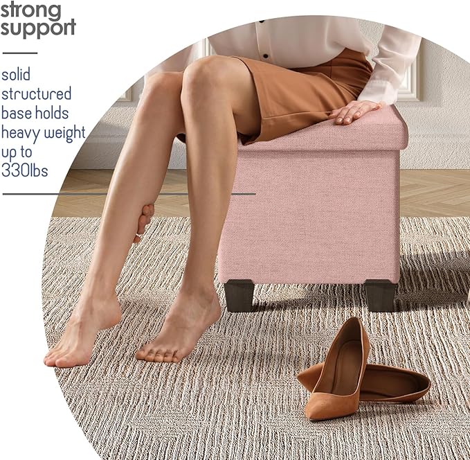Storage Ottoman Cube with Small Bin, 16-in Square Ottoman with Storage for Living Room and Bedroom, Small Ottomans Foot Rest, Fabric Foot Stools Ottomans Max 330lbs, Pink