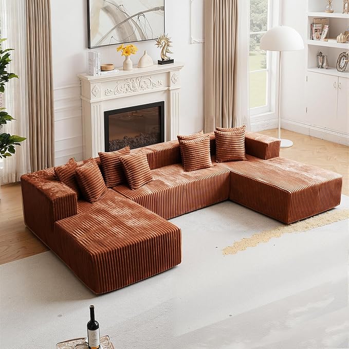130'' U Shaped Couched for Living Room, Cloud Modular Sectional Couch with 2 Chaise Lounge, Modern Minimalist Upholstered Sofa Sleeper Deep Seat Corner Couch, No Assembly Required Orange Brown