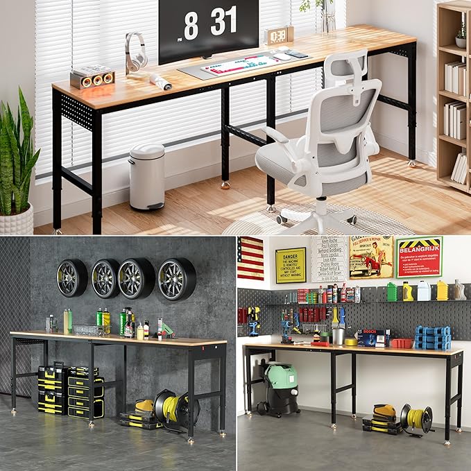 Betterhood 96" Adjustable Workbench, 5000 LBS Heavy Duty Work Table with Power Outlets & Pegboard, Rubber Wood Workstation for Garage, Workshop, Office, Home, Commercial
