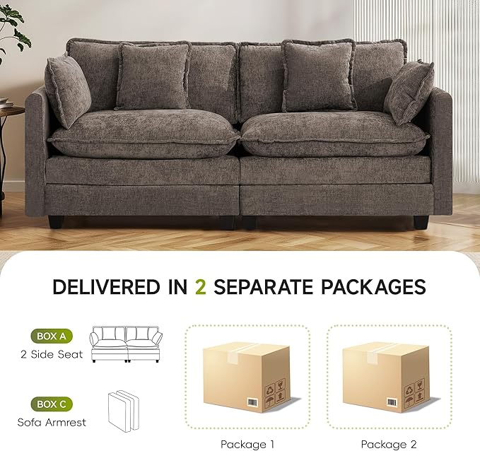 UMBFUN 2-Seater Cloud Couch, Oversized Comfy Modular Sectional Sofa with Deep Seat Cushions, Chenille Loveseat for Living Room, Apartment & Small Spaces, Brown