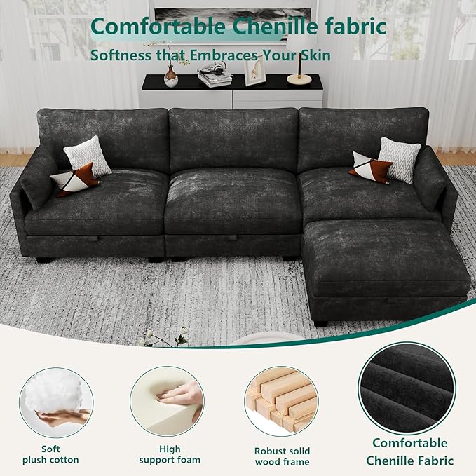 Modular Sectional L Shaped Sofa Couches for Living Room, Cloud Couch with Storage Ottoman, Comfy Chenille Sofa with Pillow, Black