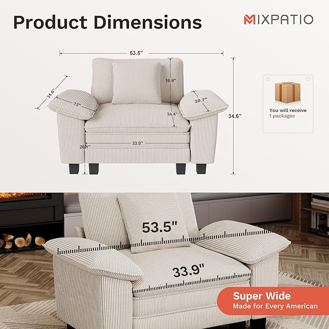 MIXPATIO 53.5" Modular Sectional Single Sofa, Soft Plush Corduroy Armchair with Comfortable Deep Seat & Removable Arms for Living Room，Beige