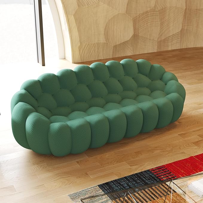 JACH 3 Seater Bubble Sofa Curved Couch, 98.43'' Comfy Upholstered Mesh Fabric Floor Sofa, 3D Honeycomb Shape Modern Couch for Living Room, Office, Apartment, Small Space (Green)