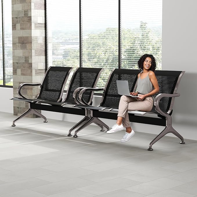 Kinfant 2-Seat Waiting Room Chair Bench Set - 2 Pieces Office Guest Benches Reception Chairs with Arms for Airport, Hospital, Bank, Salon, Barbershop, Hall, Room Conference(Black Mesh)