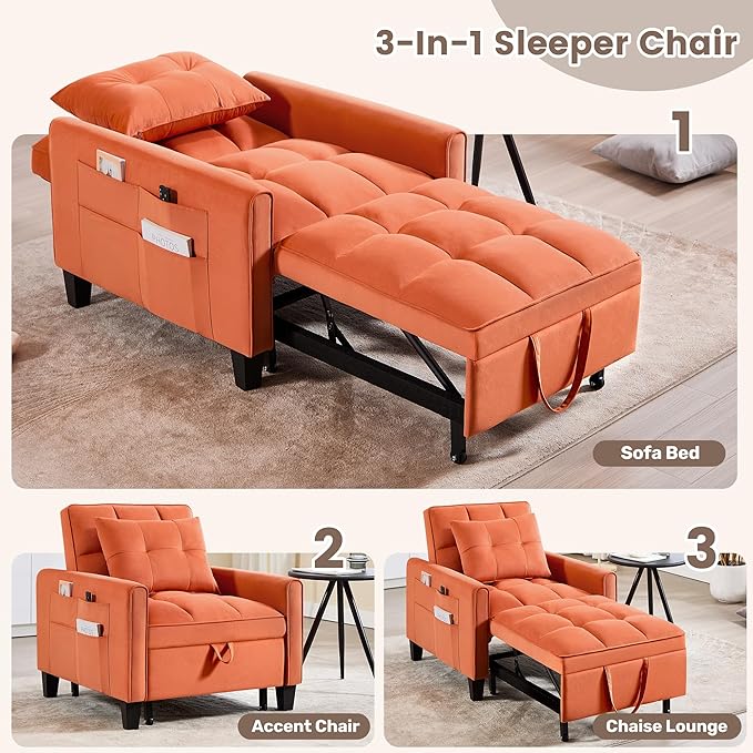 choairy Convertible Sleeper Chair, 3 in 1 Sleeper Chair Bed Pull Out Sofa Bed Chair, Velvet Single Sofa Bed Adjustable Backrest Chair Bed Sleeper for Adults Reading Living Room, Bedroom, Orange