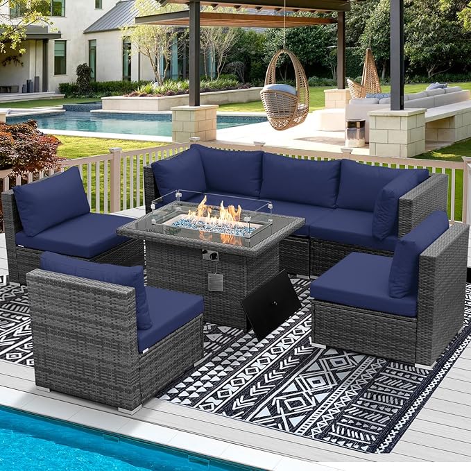 RADIATA 7 Piece Wicker Patio Furniture Set with Fire Pit, All-Weather Outdoor Sectional Couch High Back Large Size, Modular Backyard Seating Sofa Set with Propane/Natural Gas Firepit Table, Grey&Blue