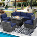 RADIATA 7 Piece Wicker Patio Furniture Set with Fire Pit, All-Weather Outdoor Sectional Couch High Back Large Size, Modular Backyard Seating Sofa Set with Propane/Natural Gas Firepit Table, Grey&Blue