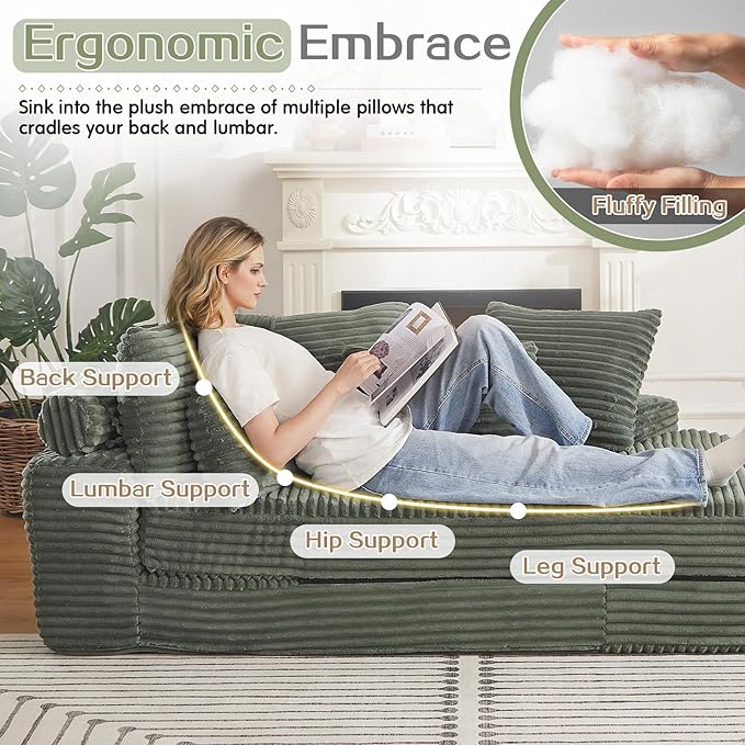 Antetek Chaise Lounge Chair Indoor, Convertible Folding Futon Sofa Bed w/ 5 Pillows, Fluffy Corduroy Boneless Compressed Memory Foam Couch for Living Room, Bedroom (Green, Right Half)