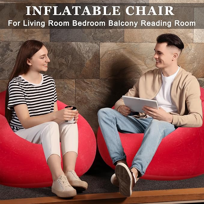 Realspring 2 Pcs Inflatable Bean Bag Chairs with Electric Air Pump Outdoor Blow up Chair Inflatable Lazy Sofa Folding Portable Loungers Couch for Living Room Bedroom(Red)