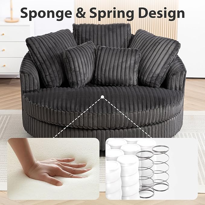 Chifee & Vingol 59.8" W Oversized Accent Round Chair Large Barrel Chair with Wheels & 5 Pillows, Faux Fur Fabric - Charcoal