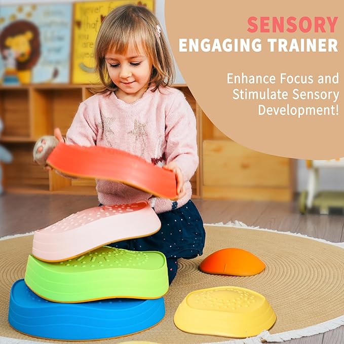 Oranmew Stepping Stones for Kids – Toddler Stepping Stones for Balance and Sensory Play, Non-Slip Indoor and Outdoor Balance Toys for Boys and Girls Age 3+, Stackable 6 Pcs Set