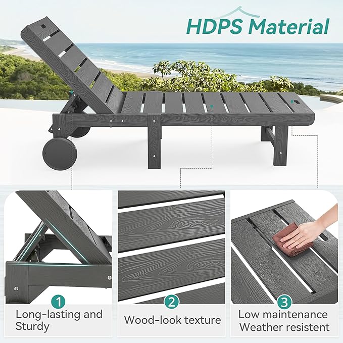 Outdoor Chaise Lounge Chairs with Table, 2-Piece, 26.8” Super Wide Lounge Chair Outdoor, HDPS Pool Chairs with 5 Positions, Patio Lounge Chair with Wheels for Pool,Lawn,Backyard, Dark Gray