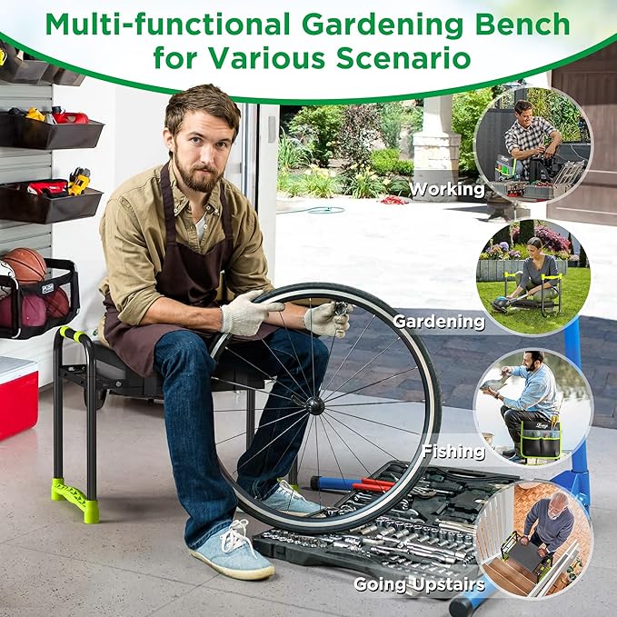 LOENIY 10.8” Wide Garden Kneeler and Seat, Heavy Duty Foldable Gardening Stool with Tool Belt Pouch, Included Thickened Kneeling Pad, Portable Gardening Bench Chair for Seniors & Parents