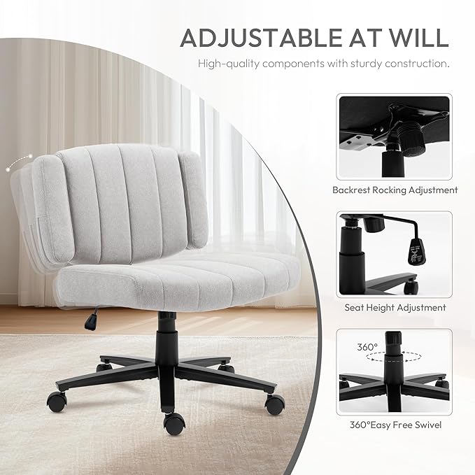 Vigosit Grey Criss Cross Office Chair with Wheels, Ergonomic Wide Seat Vanity & Dressing Table Chair, Adjustable Arms Swivel Rolling Desk Chair for Women, Comfortable Cross-Legged Support