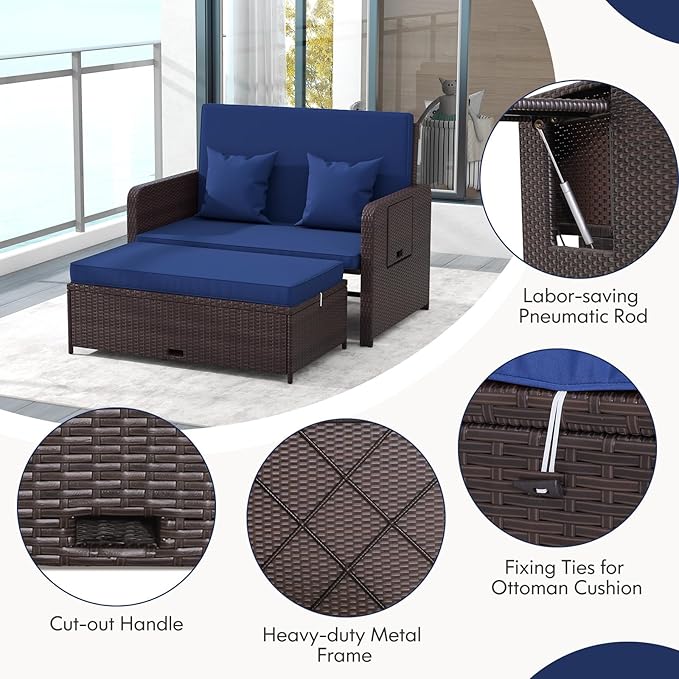 RELAX4LIFE Wicker Patio Outdoor Daybed - Rattan Day Bed Lounger with Loveseat & Storage Ottoman, Sunbed Sofa Set w/Cushions, 4-Level Adjustable Backrest & 2 Retractable Trays, Patio Daybed (Navy)