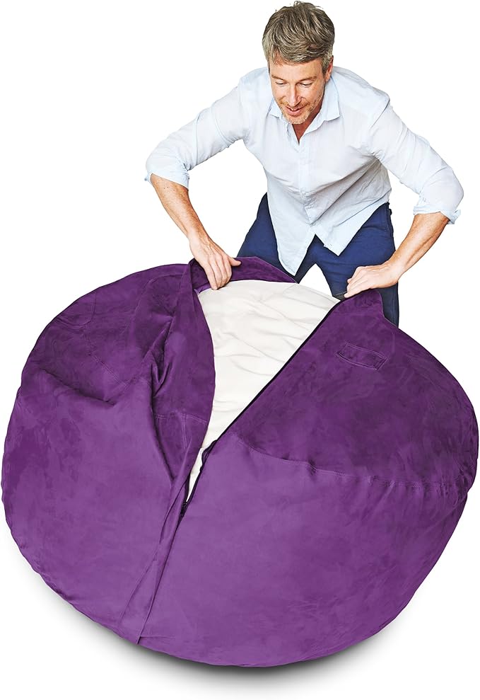 Lumaland Luxurious 5ft Large Bean Bag Chair with Microsuede Cover - Ultra Soft, Foam Filling, Washable Bean Bag Sofa for Kids, Teenagers, Adults - Sack Chair for Dorm, Family Room - Purple